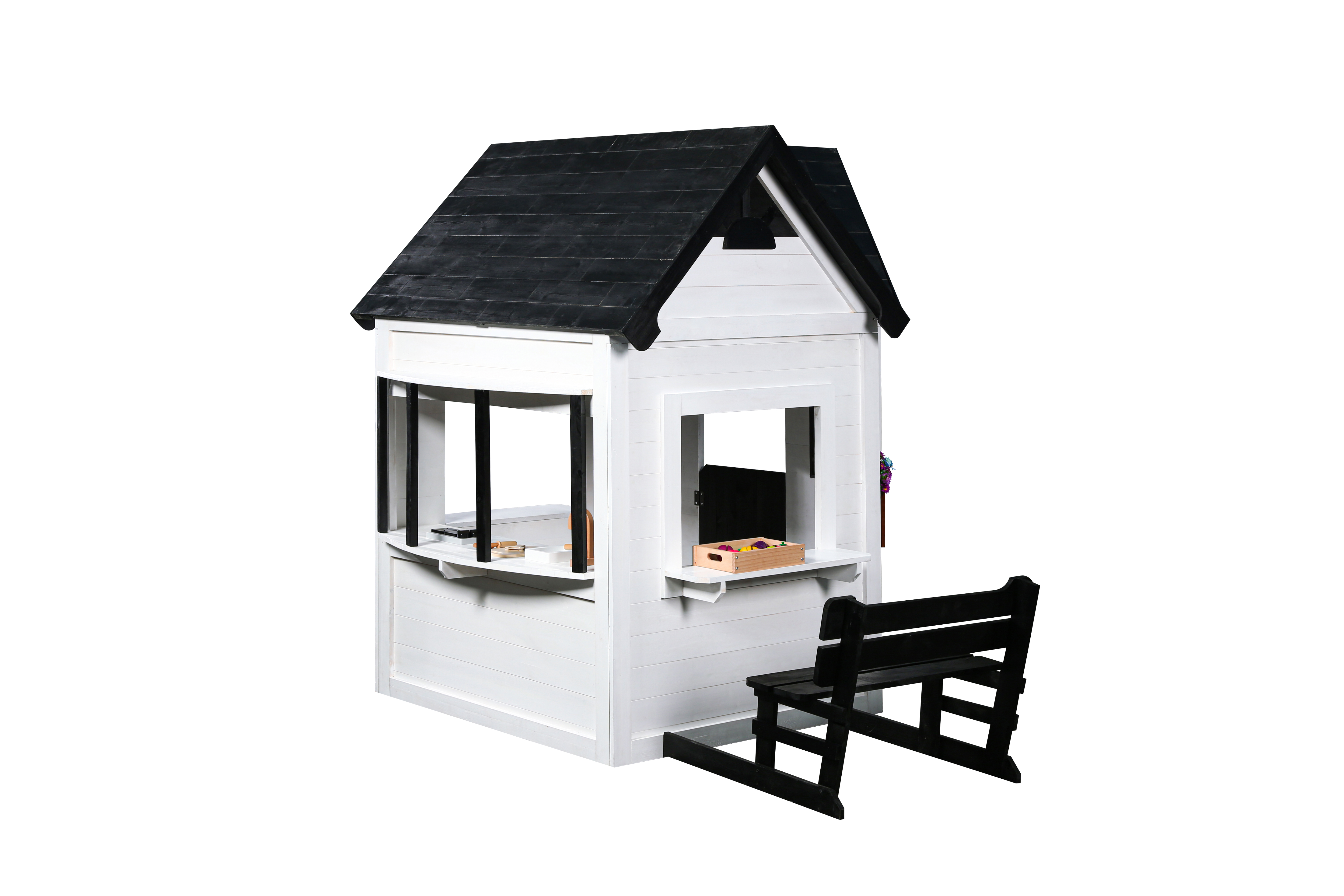 2MamaBees Oceano Playhouse | White & Black Farmhouse Design with Kitchen and Garden
