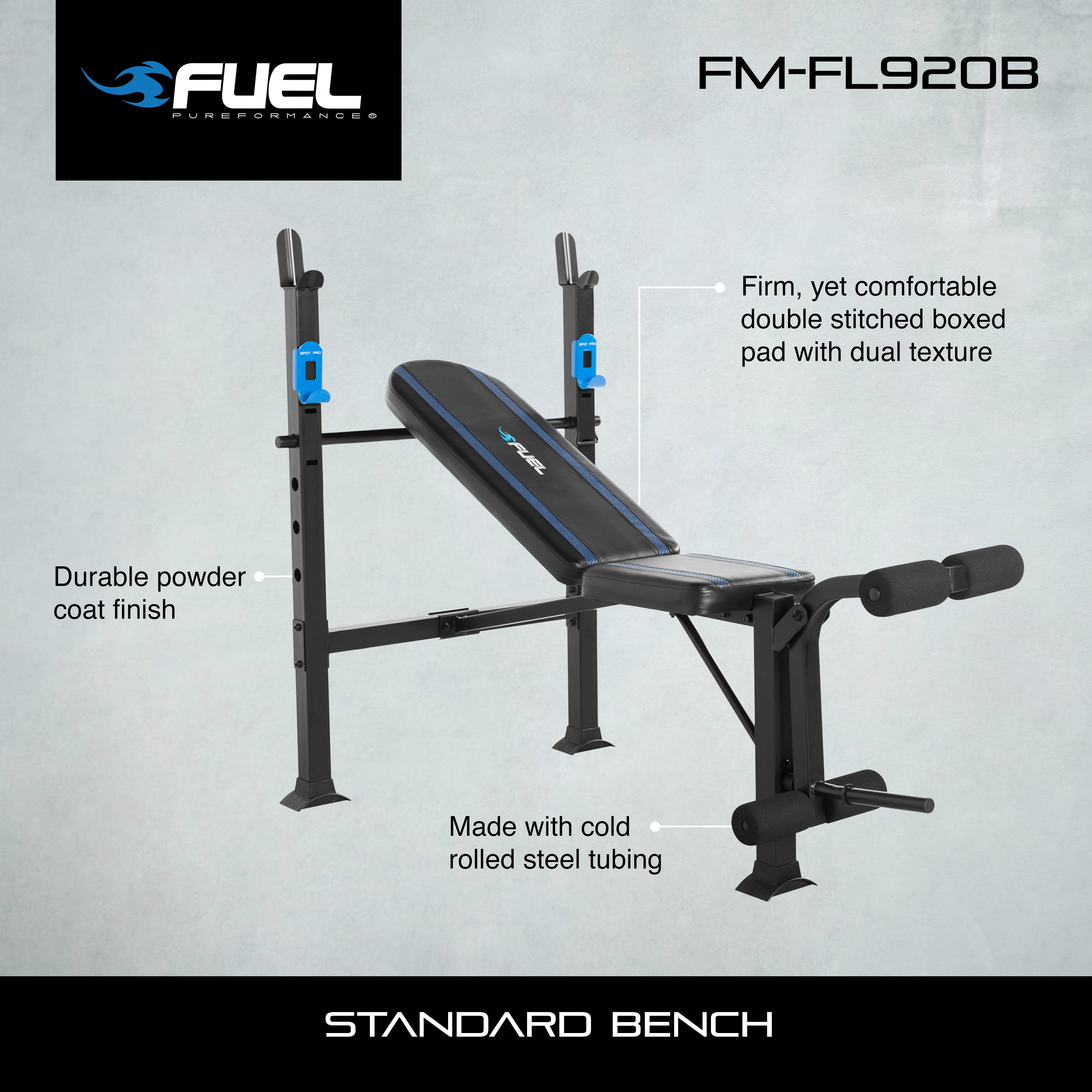 Fuel Pureformance Adjustable Standard Weight Bench with Leg Developer, Blue  Stripes (500 lb Weight Capacity)
