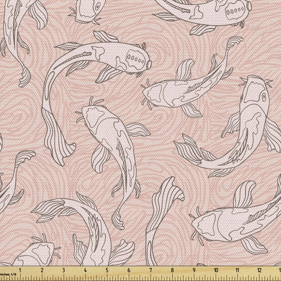Koi Fish Fabric by the Yard, Repetitive Luck Symbol Motifs Swimming Animals in Pastel Tones Pattern, Decorative Upholstery Fabric for Chairs & Home Accents, 1 Yard, Blush and Pale Salmon by Ambesonne