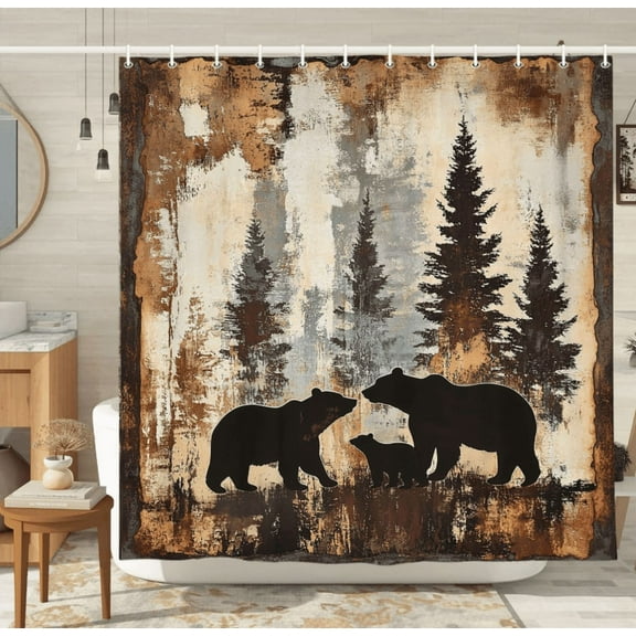 Bear Shower Curtain for Bathroom Rustic Lodge Cabin Woodland Wildlife Bath Curtain Black Bear in The Woods Bath Set Animal Hunting Camo Bathroom Accessories Hooks Included 36X70IN