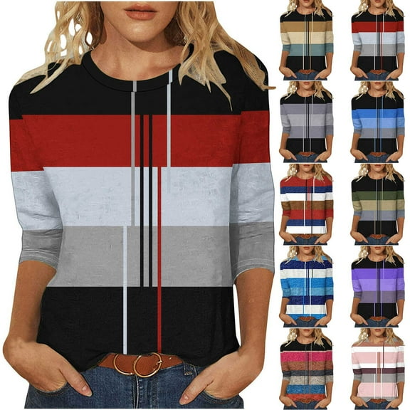 CYMMPU 3/4 Sleeve Blouses for Women Dressy Casual Tunic Tops Crew Neck Floral Pattern Fall Fashion Shirts Spring Tops Loose Fit Color Block T-Shirts S