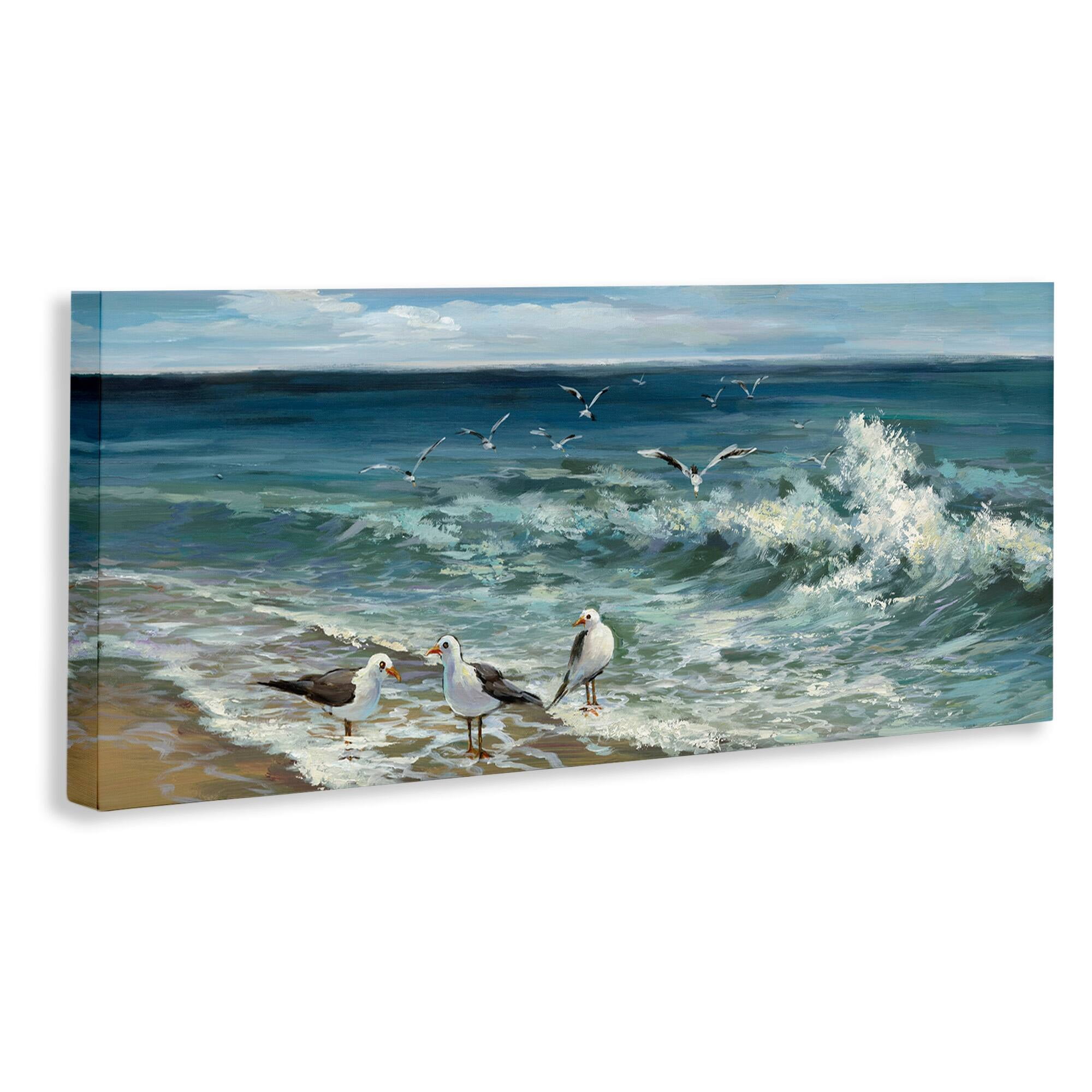 Stupell Industries White Caps on Incoming Tied Beach Seagulls,10 x 24,Designed by Heather Hayes