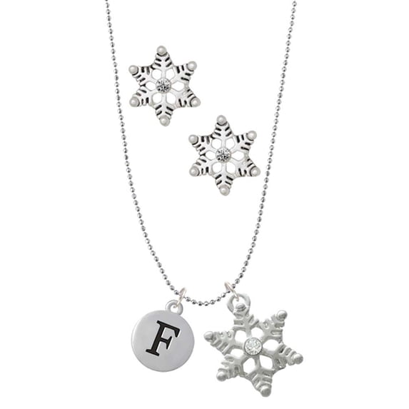 Delight Jewelry Silvertone Capital Letter - F - Pebble Disc - Silver tone Snowflake Charm Necklace and Stud Earrings