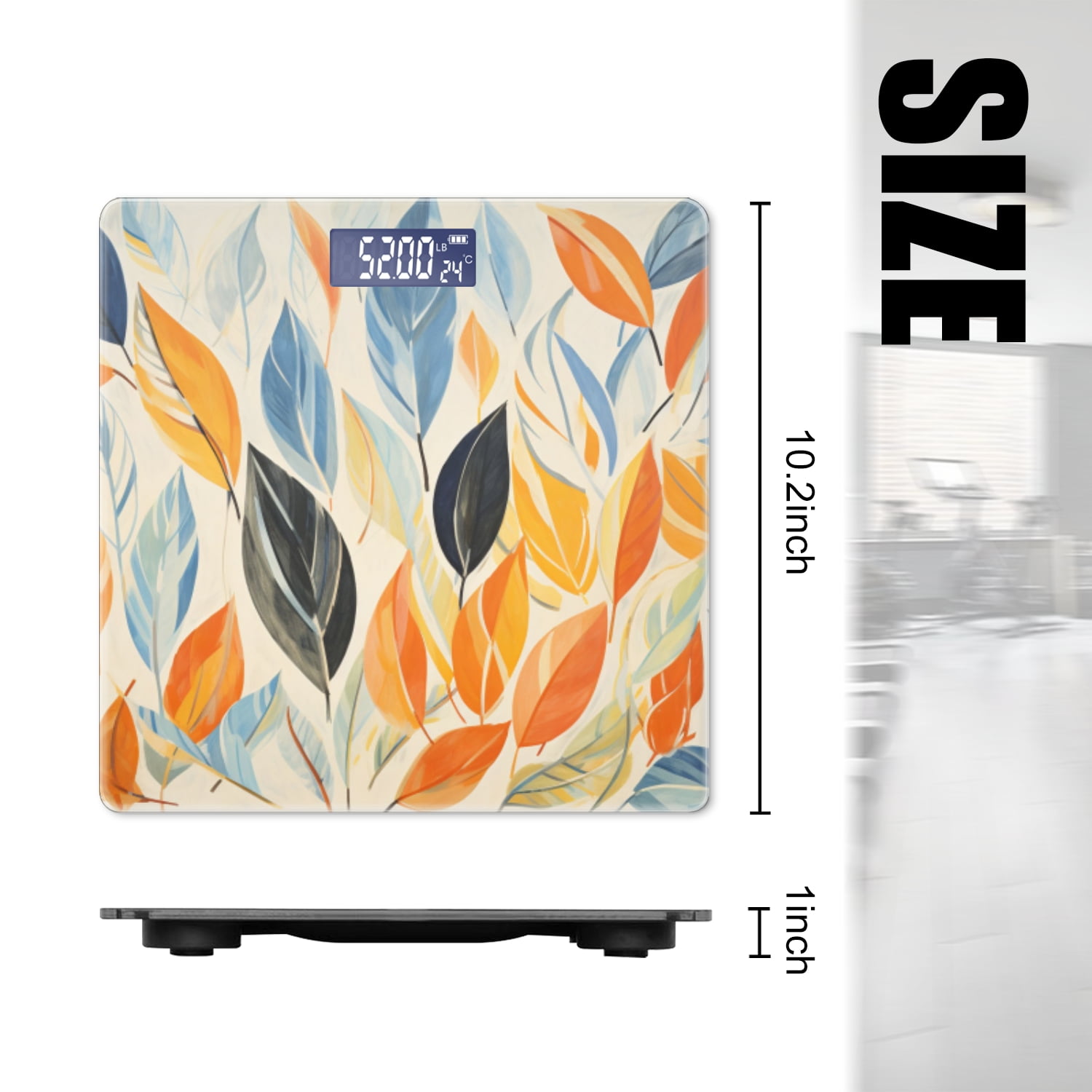 High Precision Body Weight Scale Smart Bathroom Scales with Large LCD Display(400lbs),Decorative for Bedroom-Leaves In Orange And Blue On White Background