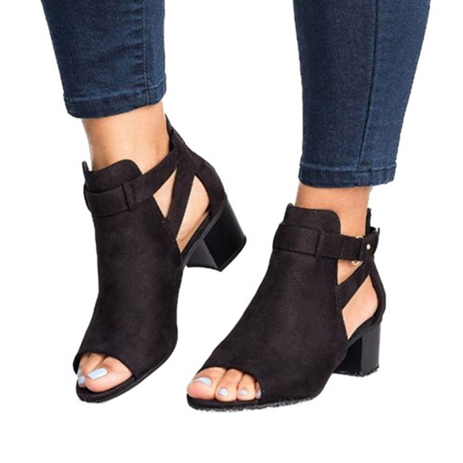 Women Buckle Peep Toe Low Block Heel Ankle Booties Boots Sandals Shoes Size  - Walmart.com