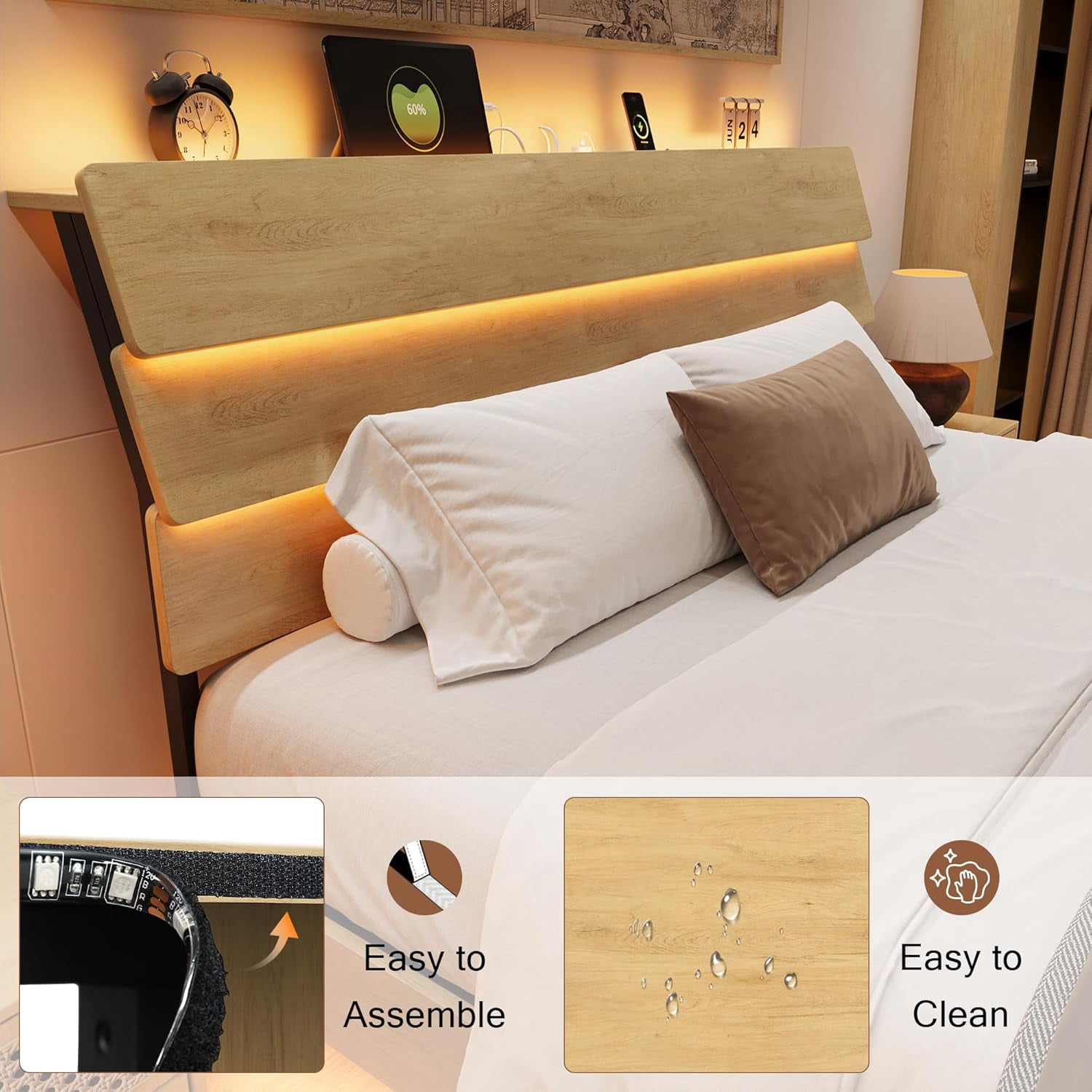 Feonase King Floating Bed Frame with LED Lights & Charging Station, Platform Bed with Wooden Storage Headboard, Steel Slats Support, No Box Spring Needed, Easy Assembly, Noise-Free,Oak