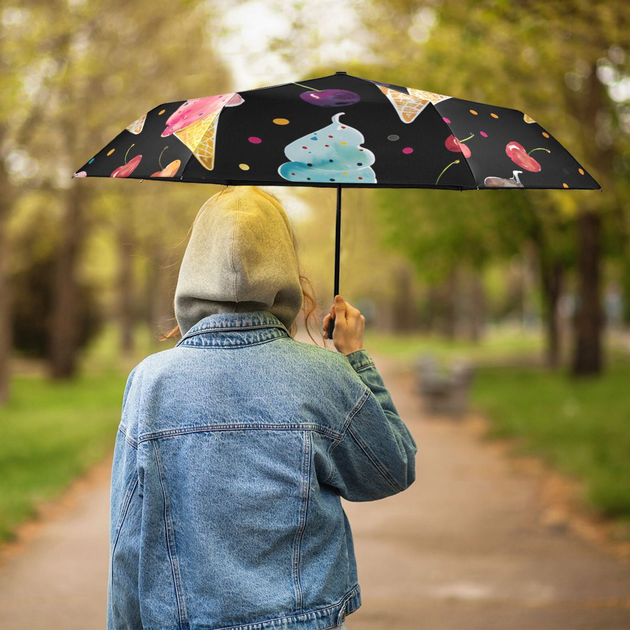 ALAZA Watercolor Ice Creams UPF 50+ Compact Folding Umbrella for Rain Travel Umbrella Packable