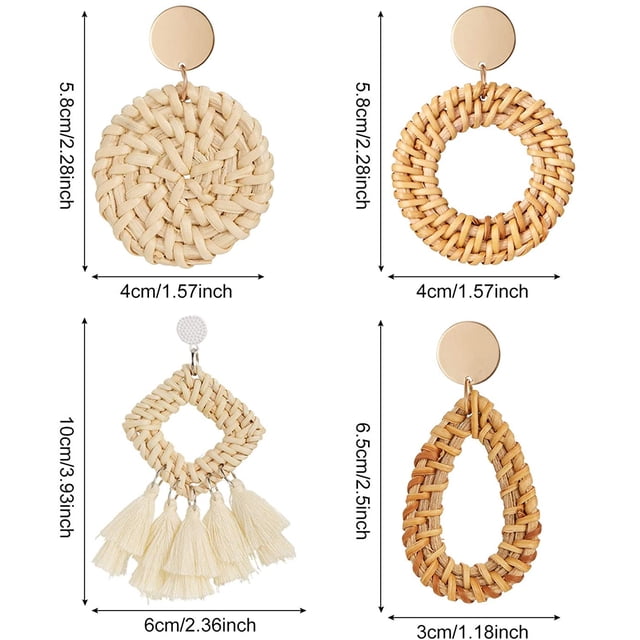 4 pares de aretes de ratán, ligeros, geométricos, con flecos, trenzados, bohemios, hechos a mano, de paja, mimbre, trenzados, aretes colgantes para niñas y niñas Zhivalor HMHZ576