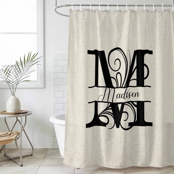 Letter M Waterproof Shower Curtain, Stall 36"x72" Washable Polyester Fabric Shower Curtains for Bathroom, Monogram Words Decorative Bathtub Curtain Sets with Hooks