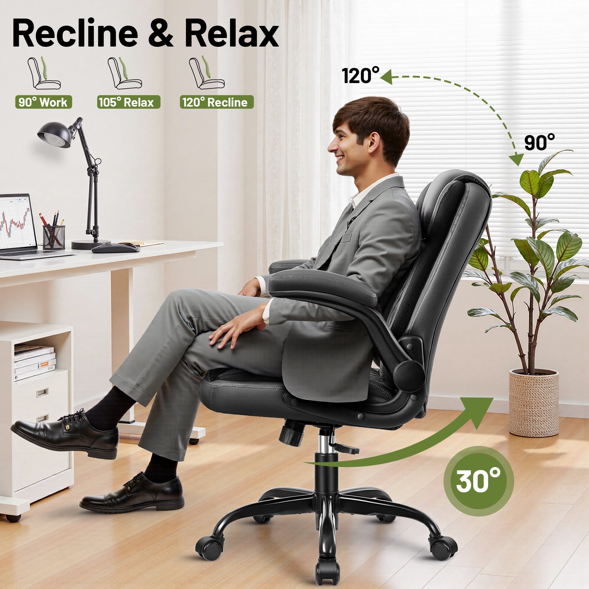 ATHOPE Leather Office Chair, 400lbs Ergonomic Desk Chairs with Back Support, Computer Chair with Wheels and Adjustable Armrest for Home Office, 360°Swivel Free, Black