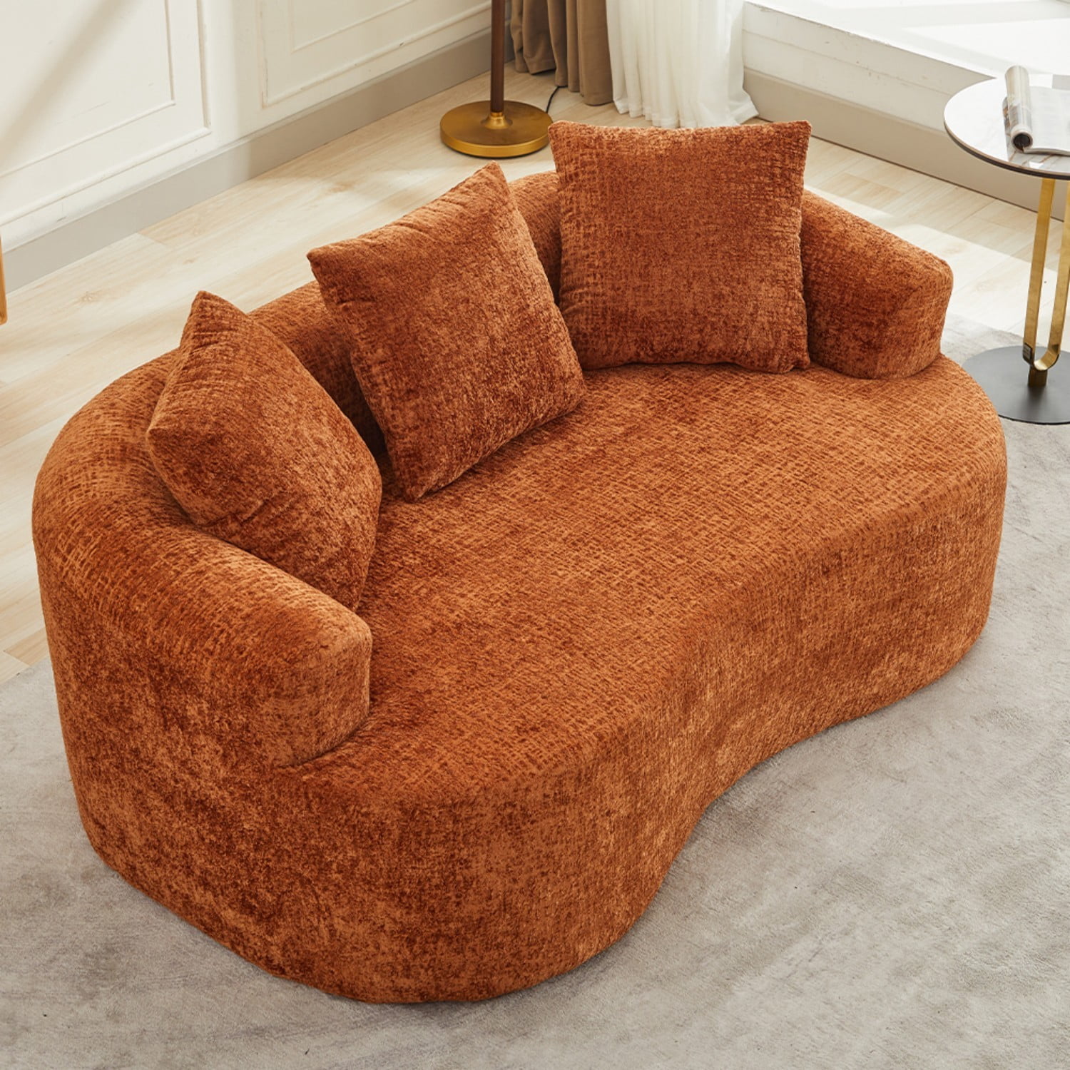 Curved Loveseat Sofa Chenille Upholstered Deep Seat 2 Seater Couch with 3 Pillows No Assembly Required for Apartment Living Room Bedroom, Orange