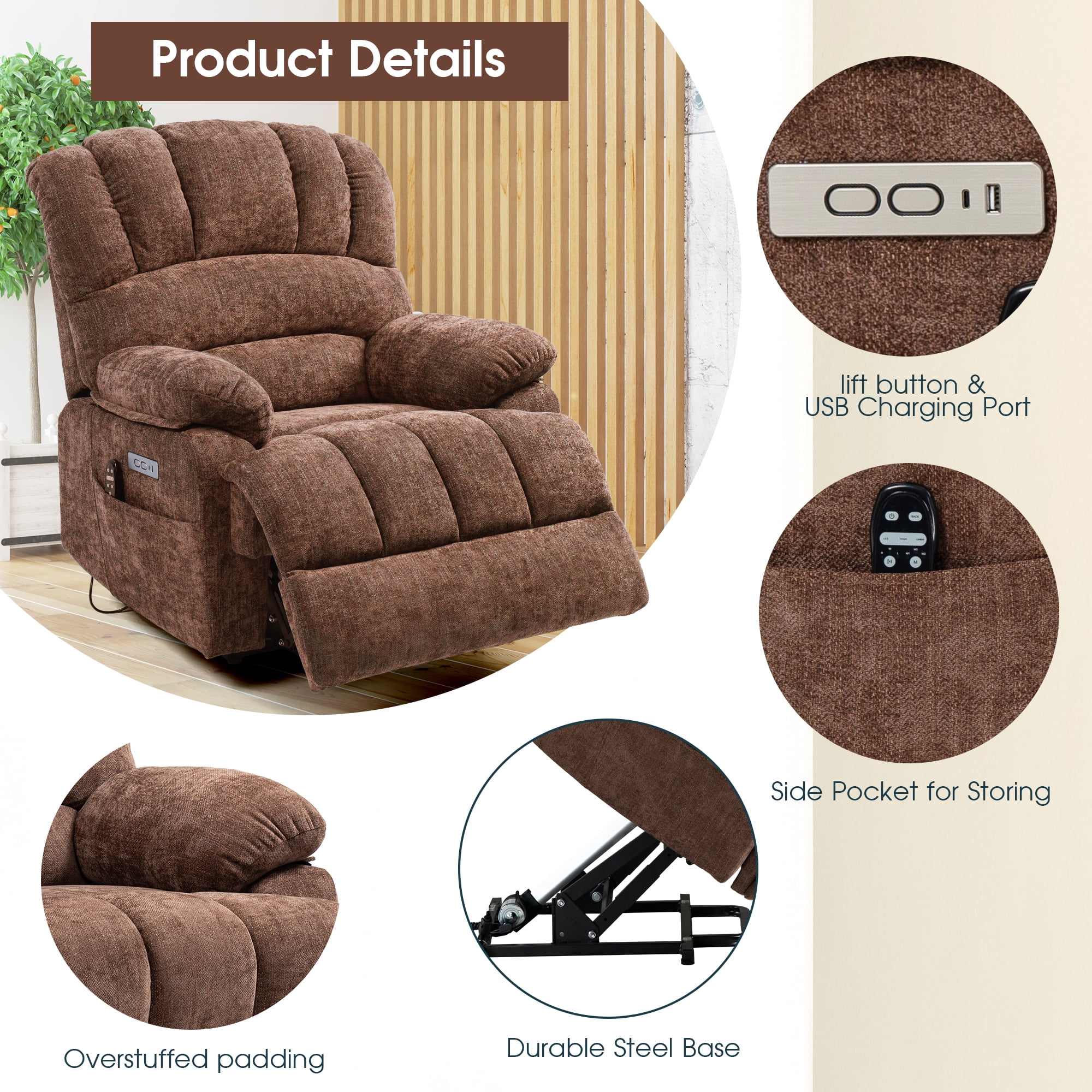 BedLuxury Power Lift Recliner Chair for Living Room,Extra Wide Recliner Massage Chair for Big and Tall People with Heated,USB Charge Port,Infinite Position(Brown)