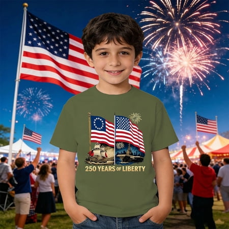 EliteGoogv Boys 4th of July T Shirts Short Sleeve Crew Neck Patriotic Classic USA Graphic Casual Tees Kids Tops Kids Shirts 250th Independence Day 4-5 Years