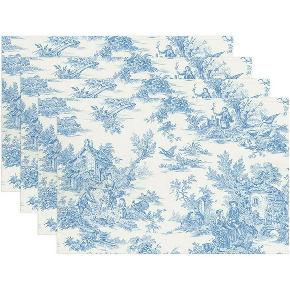 Vintage French Country Placemats Set of 4 Blue French Toile Print Decorative Linen Table Place Mat Non-Slip Heat Resistant Place Mats for Home Kitchen Dining Table, 12"x18"