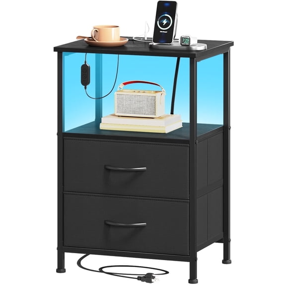 Eunos 2 Drawer Black Small Nightstand with Charging Station, LED and Open Shelf for Bedroom