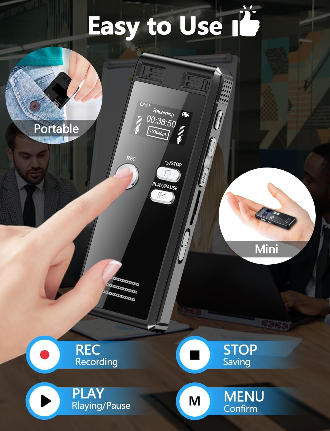 128GB Digital Voice Recorder with Playback, 3072 Kbps HD Voice Activation Recording, Noise Reduction, Lecture Conference Audio Device, A-B Loop, MP3 Player