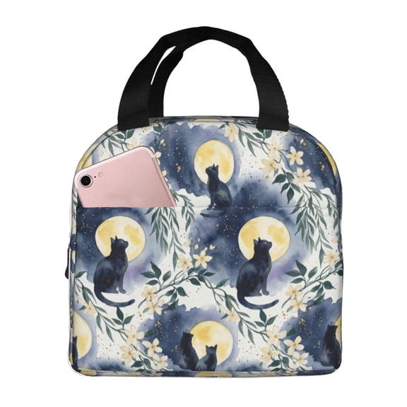 Black Cat Insulated Lunch Bag Reusable Lunch Box Leakproof Thermal Meal Prep Tote With Front Pocket For Work Office Picnic Beach Travel Daily