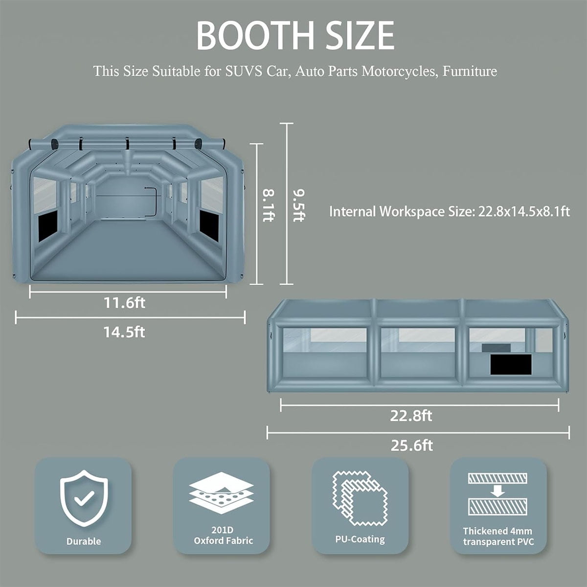 xhyhwyd Inflatable Spray Booth 26x14.4x9.5 ft Portable Inflatable Paint Booth Tent with Air Filter System for DIY Spray Car Parts Painting Motorcycle (Blowers Excluded)