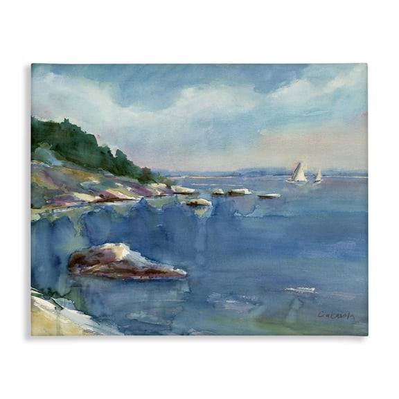 Stupell Industries Transitional Boats Floating Rocky Beach Cliffs Watercolor Detail Canvas Art, 20 x 16, by Stephen Calcasola