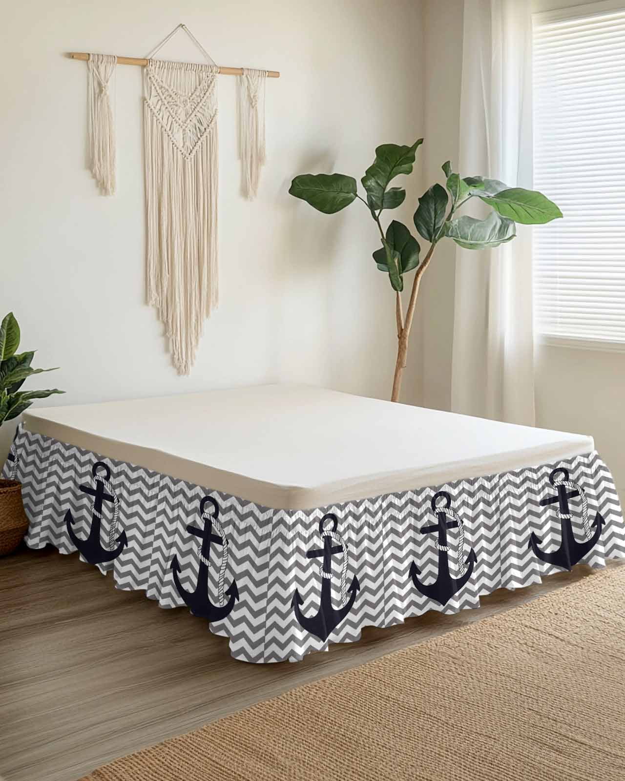 Grey Zigzag Wrap Around Bed Skirts for Queen Bed 16" Drop, Bed Skirt with Adjustable Elastic Belt Dust Ruffle Bed Valance for Bedroom Hotel Luxury Coastal Nautical Anchor Stripes Bed Frame Cover