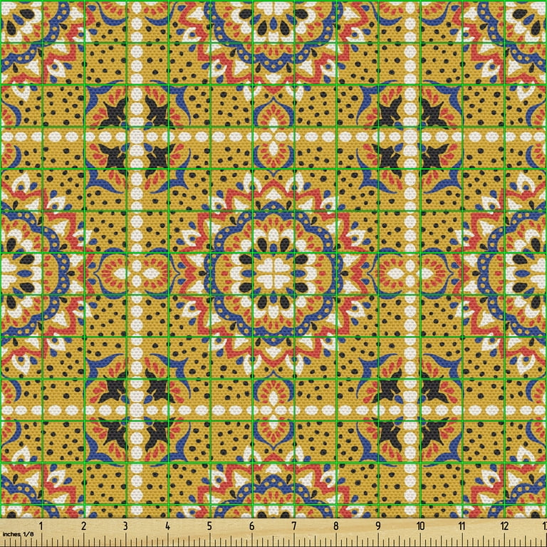 Ambesonne Boho Fabric by The Yard Upholstery, Folkloric Morocco Tile Inspired Squares with Flowers, Decorative Fabric for DIY and Home Accents, Seafoam Dark