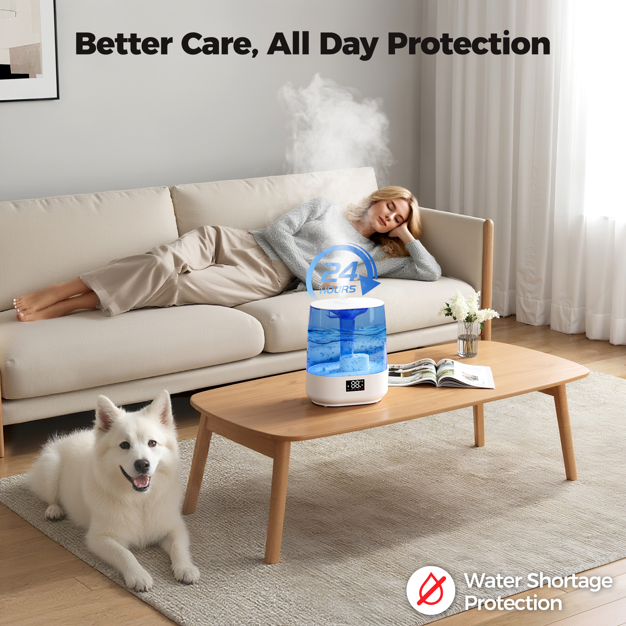6L Humidifiers for Bedroom , Cool Mist Ultrasonic Humidifier with Humidity Sensor, Top Fill 60H & 28dB Quiet Runtime, 8+1 Color Night Lights, 360° Dual Nozzle--Blue