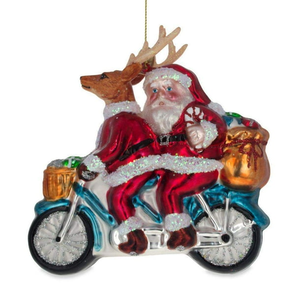 BestPysanky Santa and Reindeer on a Tandem Bike Glass Christmas