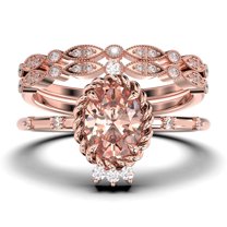 Dazzling Art nouvea 2.50 Carat Oval Cut Morganite And Diamond Moissanite Engagement Ring, Wedding Ring in 925 Sterling Silver With 18k Rose Gold Plating, Compass Ring, Trio Set, Matching Band