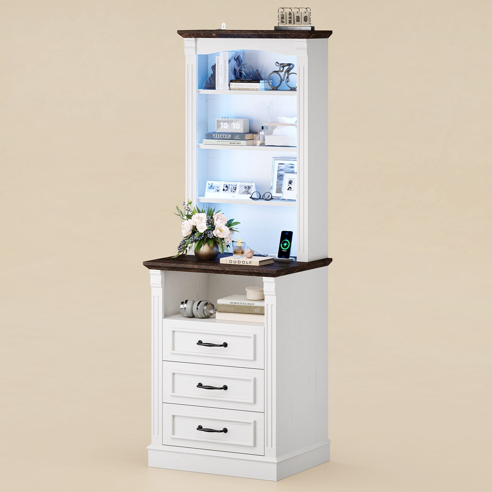 61" Tall Nightstand with Charging Station and LED Lights, End Table with 3 Adjustable Shelves and 3 Drawers, Roman Column Design, Modern White