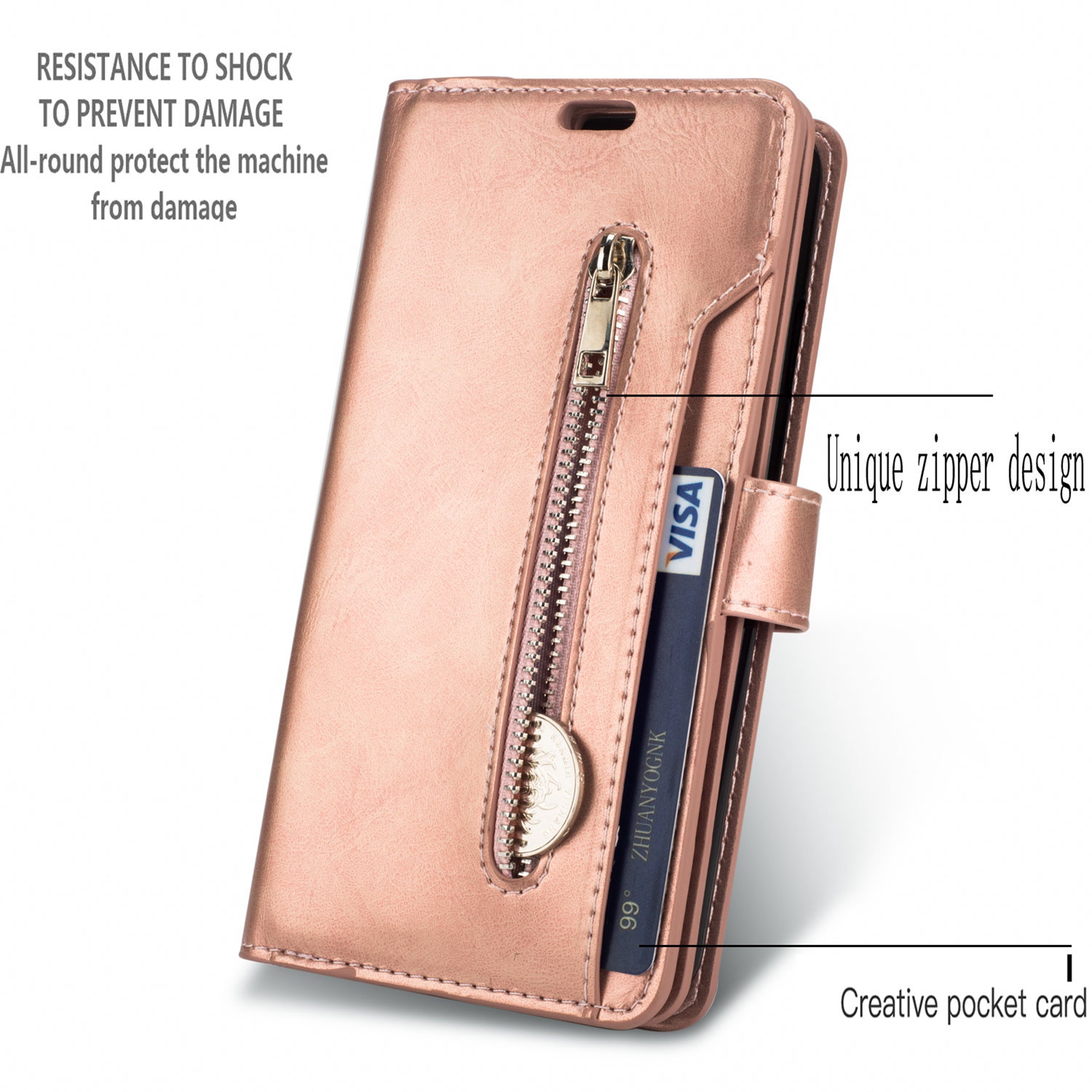 iPhone 11 6.1 inch Wallet Case, Dteck 9 Card Slots Premium Leather Zipper Purse case Flip Kickstand Folio Magnetic with Wrist Strap Credit Cash Cover For Apple iPhone 11, Rosegold - image 2 of 7