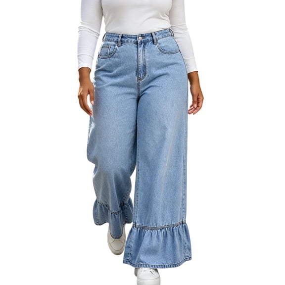 QQZ Wide Leg Ruffle Hem Jeans For Women, Plus‑Size Button‑Zip Denim Pants, Classic Pocket Loose Trousers, Trendy Relaxed Fit Jeans For Home Office Casual Weekend Activities