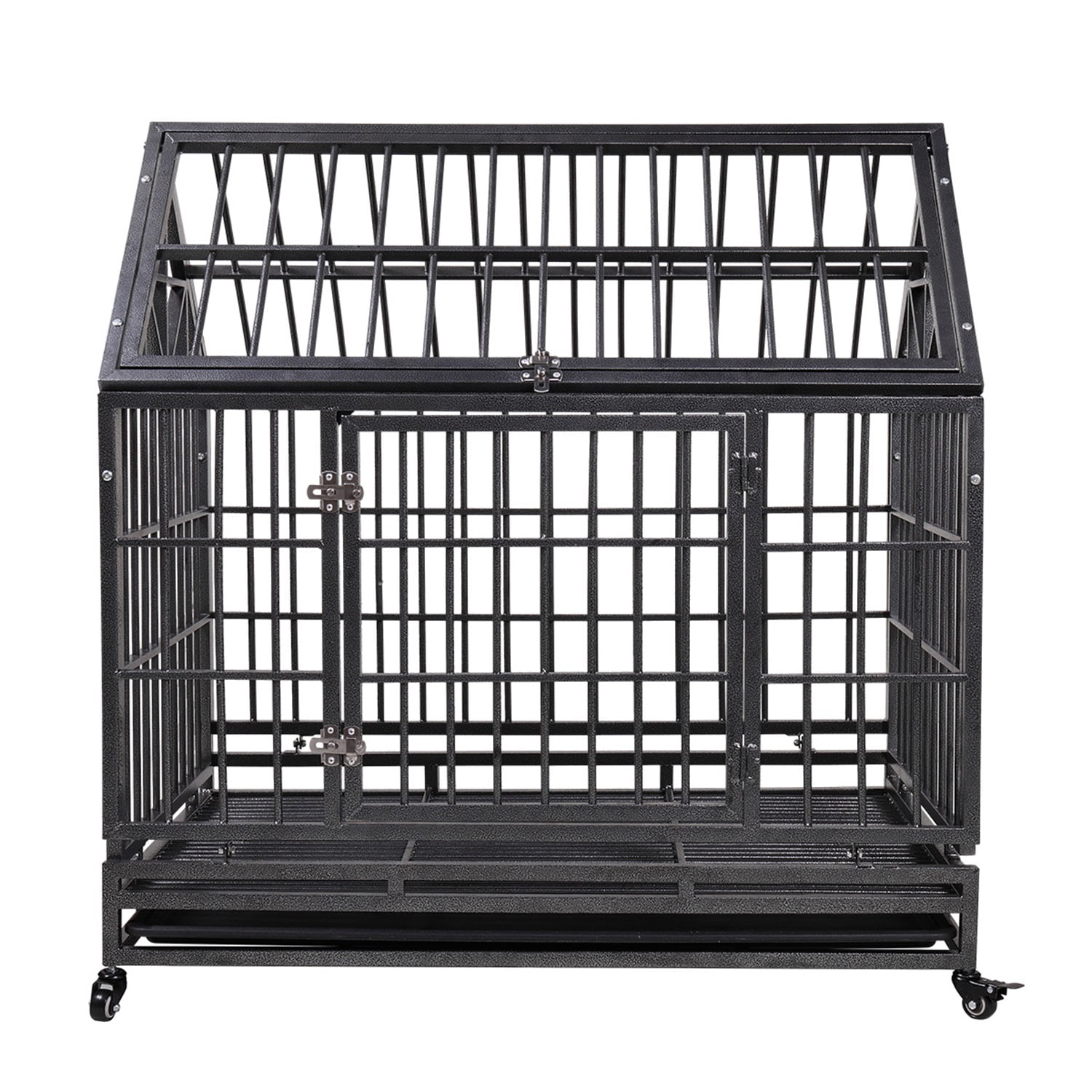Pefilos 54" Large Dog Cage for Indoor Heavy Duty Metal Dog Crate Kennel with 4 Universal Wheels, Openable Pointed Top and Front Door, Black Pefilos 54" Large Dog Cage for Indoor Heavy Duty Metal Dog Crate Kennel with 4 Universal Wheels, Openable Pointed Top and Front Door, Black