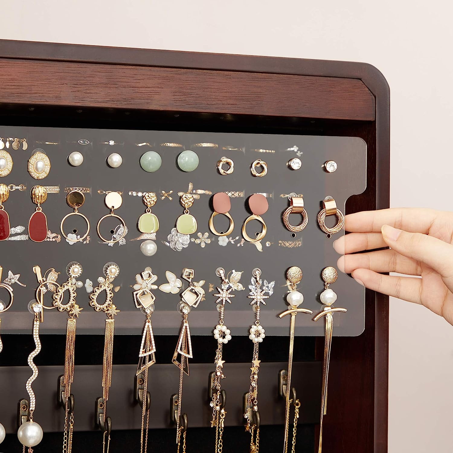Hives and Honey Aria Jewelry Storage Full Length Mirror - Stylish, Functional & Space-Saving Organizer, Walnut