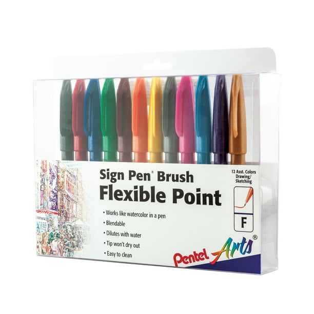 Pentel Arts Sign Pen Brush Tip Assorted Colors A D F V S G C B E P N Y 12 Pk Plastic Box Walmart Com Walmart Com
