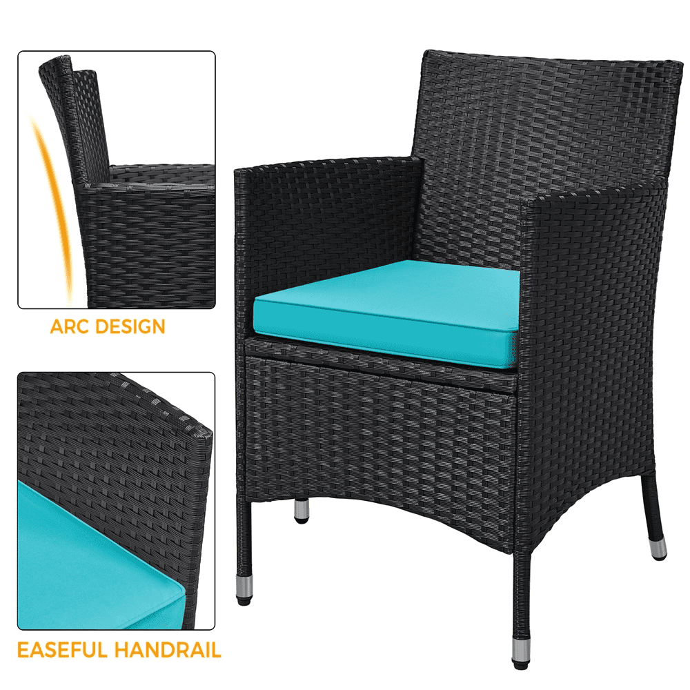 Yaheetech 3-Piece Wicker Furniture Set with Side Table, Black/Cyan
