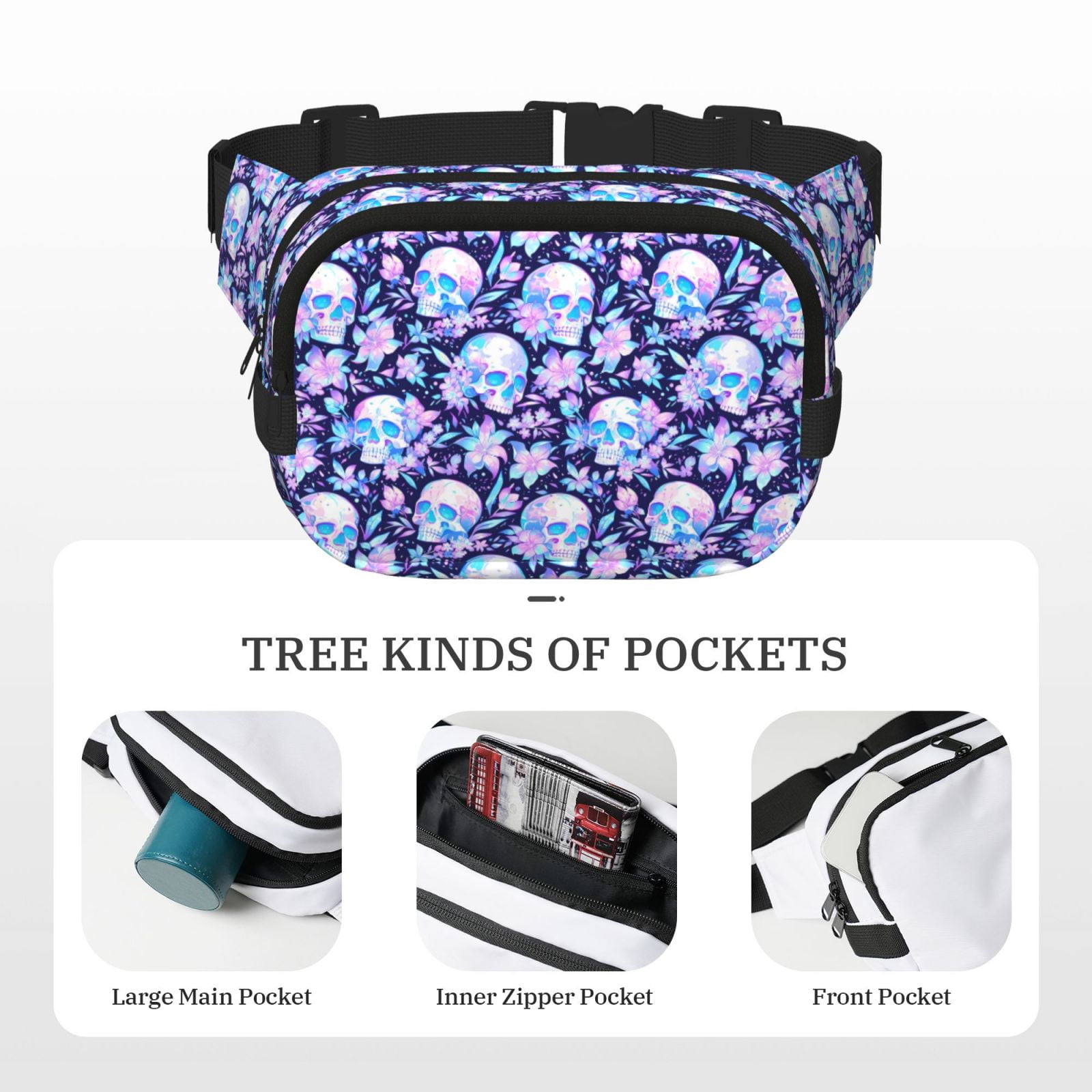 Picia crystal Skull flower leaf Print Square Double-Layer Waist Bag Mini Adjustable Waist Belt Bag Exercise Running Travel Hiking