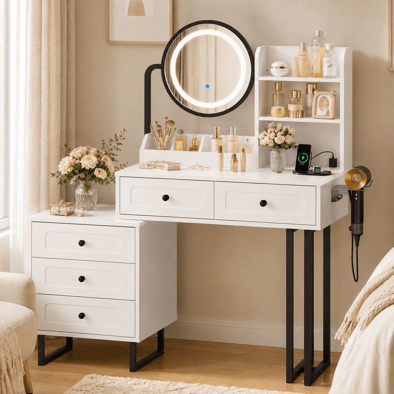 Zimtown Vanity Desk with Round Mirror, Makeup Vanity with Adjustable Lights & Large Drawers, Vanity Table for Bedroom Dressing Room, White & Black