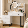 thumbnail image 4 of Zimtown Vanity Desk with Round Mirror, Makeup Vanity with Adjustable Lights & Large Drawers, Vanity Table for Bedroom Dressing Room, White & Black, 4 of 10
