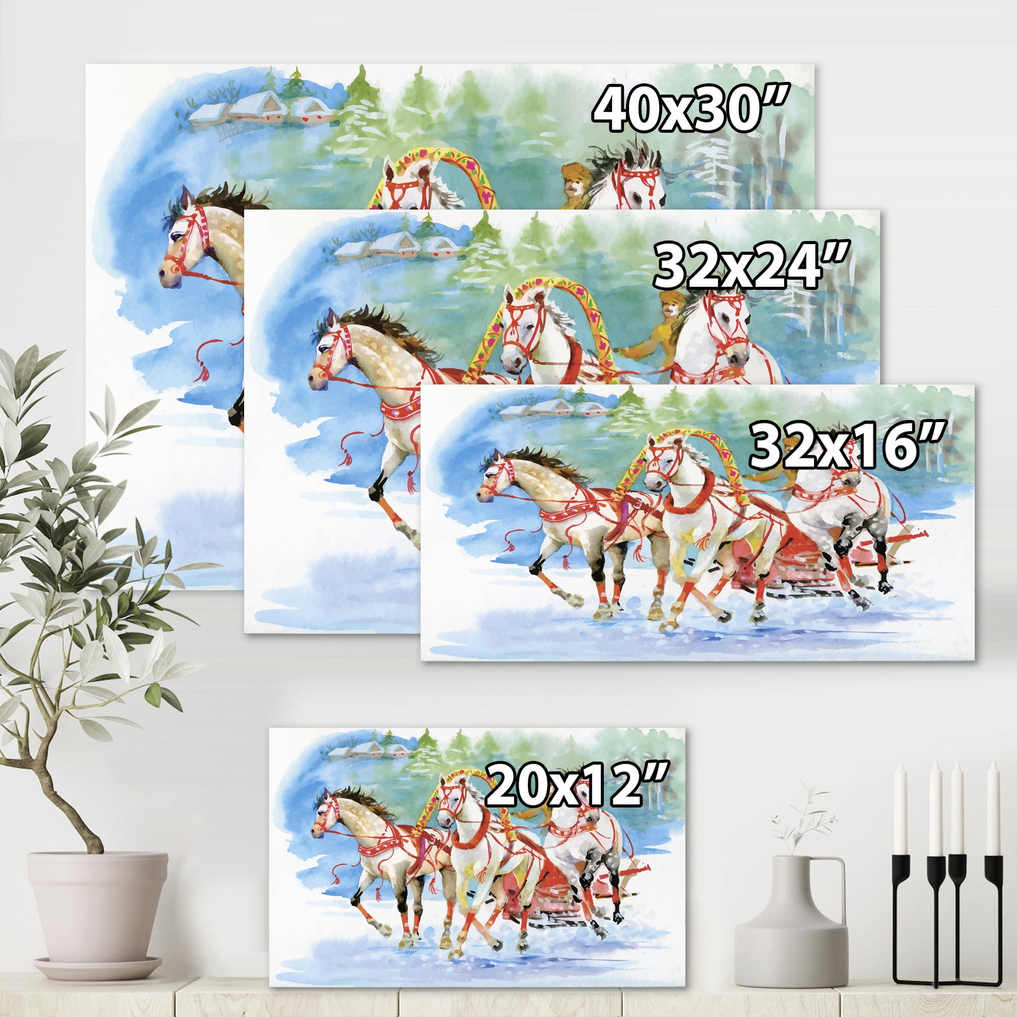 Designart ' Carriage In The Snow With Galoping Horses ' Farmhouse Canvas Wall Art Print