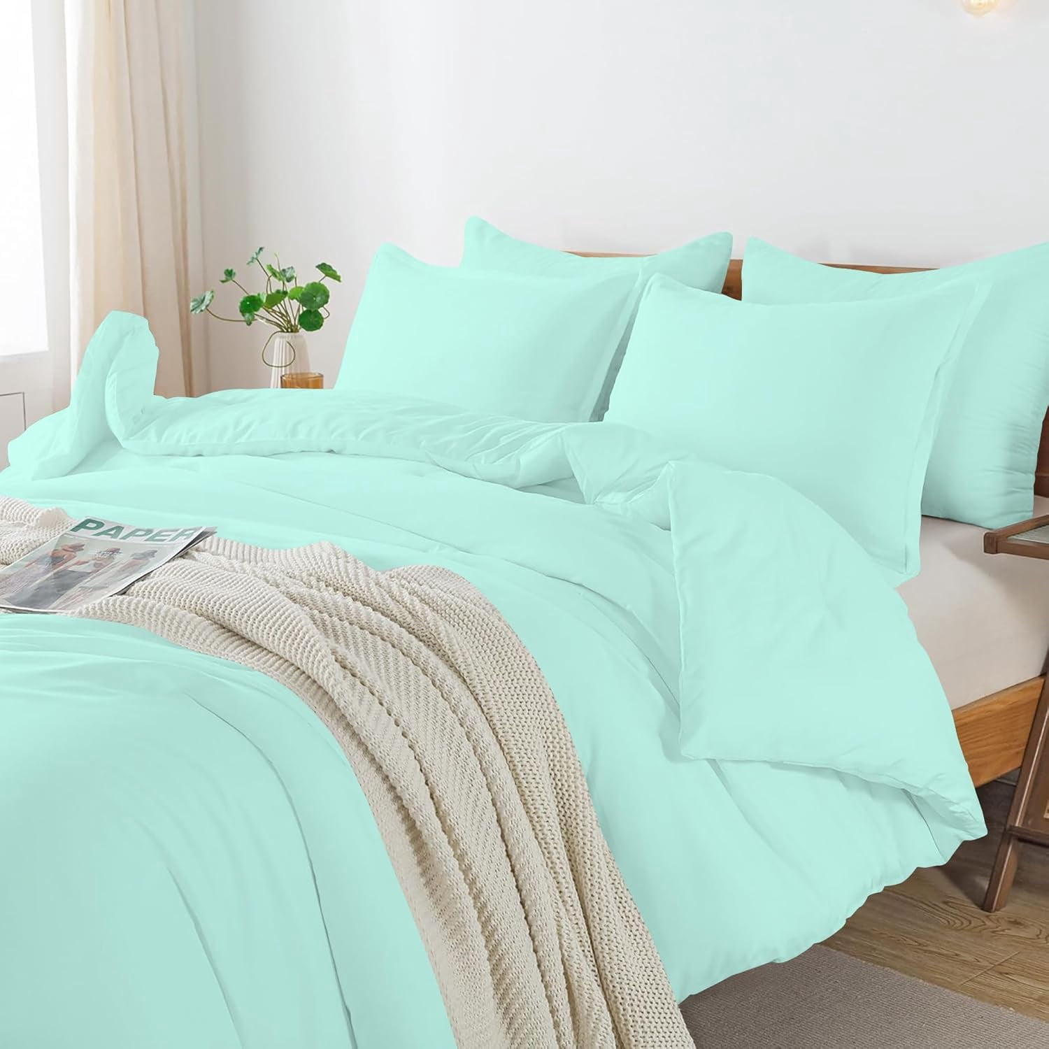 3 Piece Luxury Bottom Tie Pattern Comforter Set, 800 TC, 100% Egyptian Cotton, King/California King Size Aqua Blue Solid