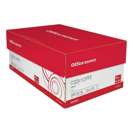 Office Depot® Copy And Print Paper, Ledger Size (11" x 17"), 92 Brightness, 20 Lb, Ream of 500 Sheets, Case of 3 Reams