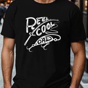 Men's Fishing Rod Pattern And Letter Print "REEL COOL DAD" Crew Neck And Short Sleeve T-shirt, Casual And Chic Tops For Summer Outdoors Activities