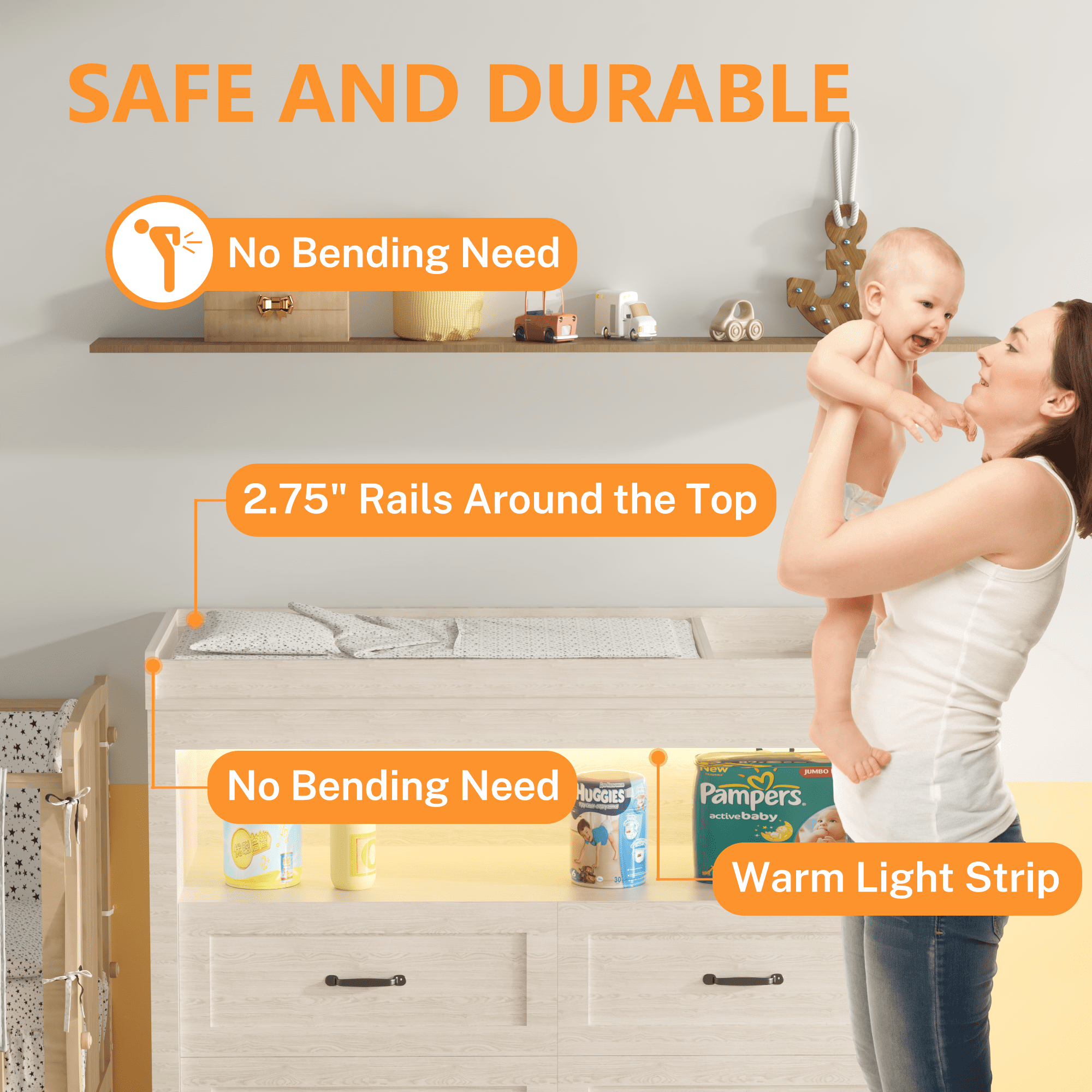 Baby Changing Table Dresser Nursery Chest with Storage-Infant & Toddler, 4 Drawers and Open Storage Space, Beige