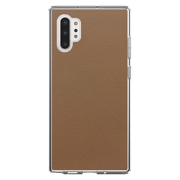 DistinctInk Clear Shockproof Hybrid Case for Galaxy Note 10 PLUS (6.8" Screen) - TPU Bumper, Acrylic Back, Tempered Glass Screen Protector - Brown Faux Leather Print Design - Printed Faux Leather