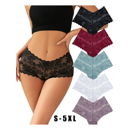 Julycc S-5XL Womens Seamless Lace Panties Breathable 5 Pack Underwear Briefs Thong