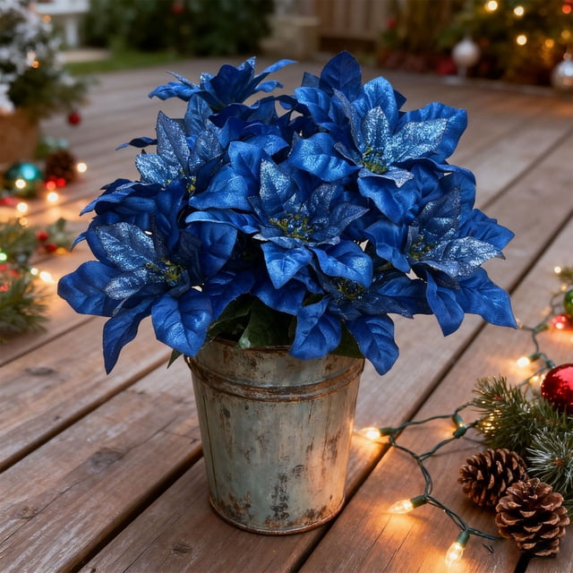 Blue Christmas Simulation Bouquet with 7 Forks Flannel Flowers, Artificial Greenery Arrangement for Holiday Decor, Reusable Fake Flower Display for Table Centerpiece
