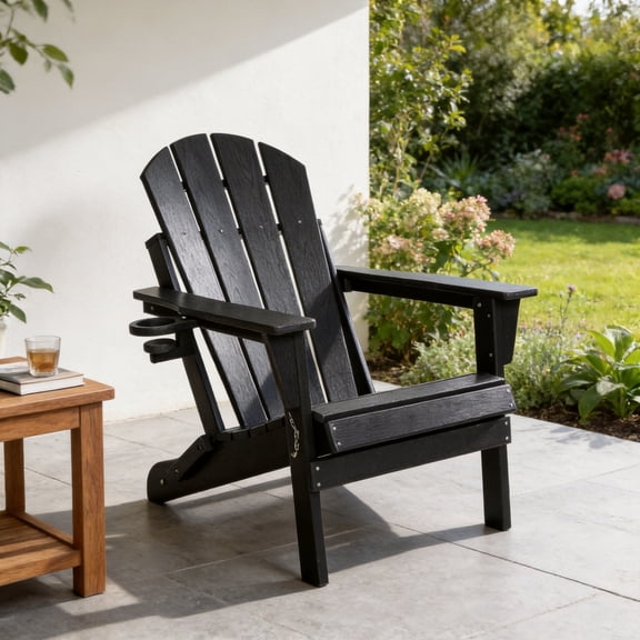 Adirondack Chair, Outdoor Chair, Folding Chair with Dual Cup Holder, HDPE Composite Folding Design and Wood Texture for Patio, Garden, Deck, Black