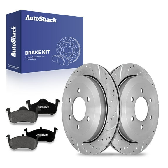 AutoShack 13.46" (342 mm) Rear Vented Drilled & Slotted Brake Rotors Coated   Premium Ceramic Brake Pads | Replacement for Ford Expedition | Silver Zinc Coated | 6-PC Brake Kit | SilverShield Pro