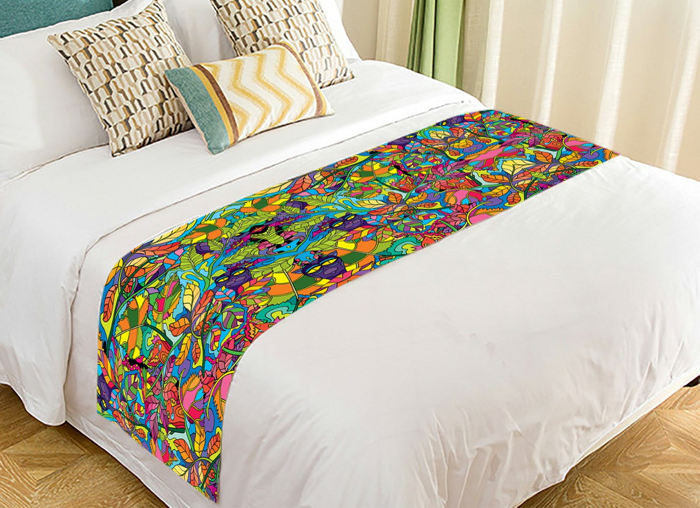GCKG Floral Colorful Bed Runner, Psychedelic Jungle Forest Bed Runners