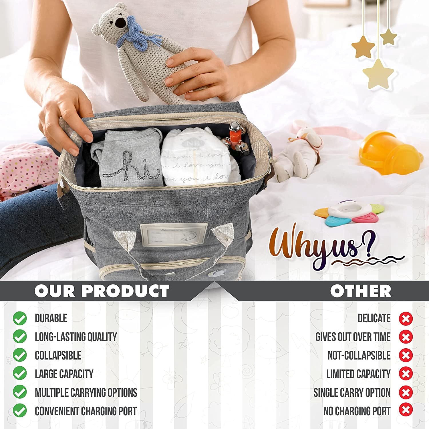 Baby Diaper Bag with Changing Station – Diaper Bag Backpack and USB Port, Insulated Bottle Bag, Mosquito Net, Sunshade – Comfortable and Stylish with Practical Stroller Hooks (Grey)